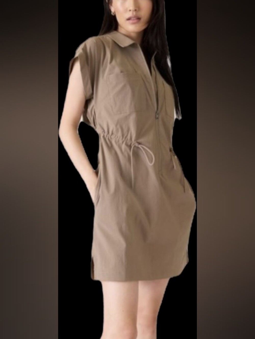 Athleta Tan Topspin Drawstring Zip-Front Mini Dress